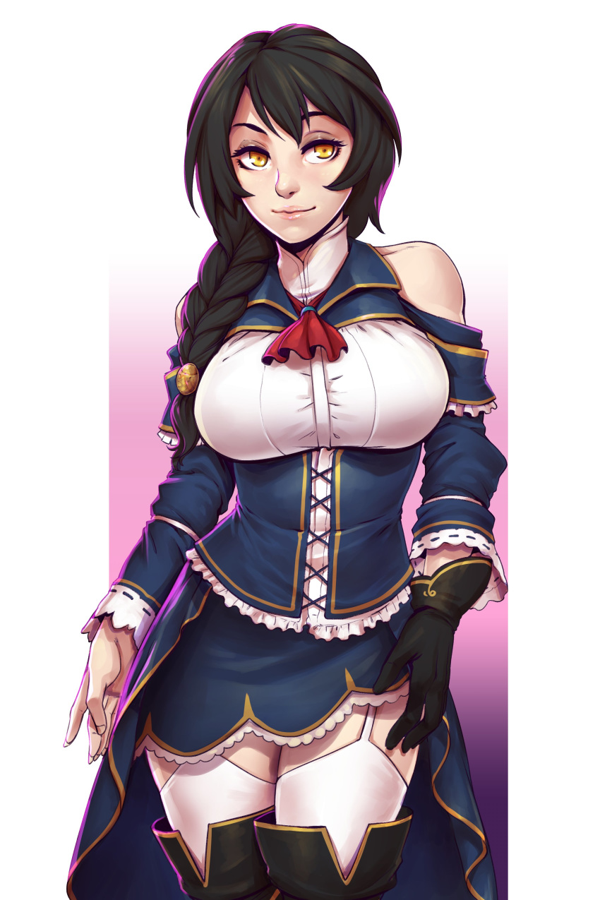 1girl, absurdres, backlighting, black_gloves, blue_cape, blue_corset, blue_jacket, blue_sleeves, boots, border, braid, breasts, cape, character_request, commentary, commission, corset, cowboy_shot, d-rex, english_commentary, fingernails, framed_breasts, frilled_shirt, frilled_skirt, frilled_sleeves, frills, garter_straps, gloves, gold_trim, gradient, gradient_background, hair_ornament, high_collar, highres, jacket, large_breasts, layered_clothing, layered_sleeves, legs_together, lips, long_fingernails, long_sleeves, majo_wa_fukushuu_no_yoru_ni, miniskirt, outside_border, pillarboxed, red_scarf, scarf, shirt, side_braid, side_ponytail, single_braid, single_glove, skirt, sleeveless, sleeveless_jacket, sleeveless_shirt, solo, stitches, taut_clothes, taut_shirt, thigh-highs, thigh_boots, underbust, white_border, white_legwear, yellow_eyes, zettai_ryouiki
