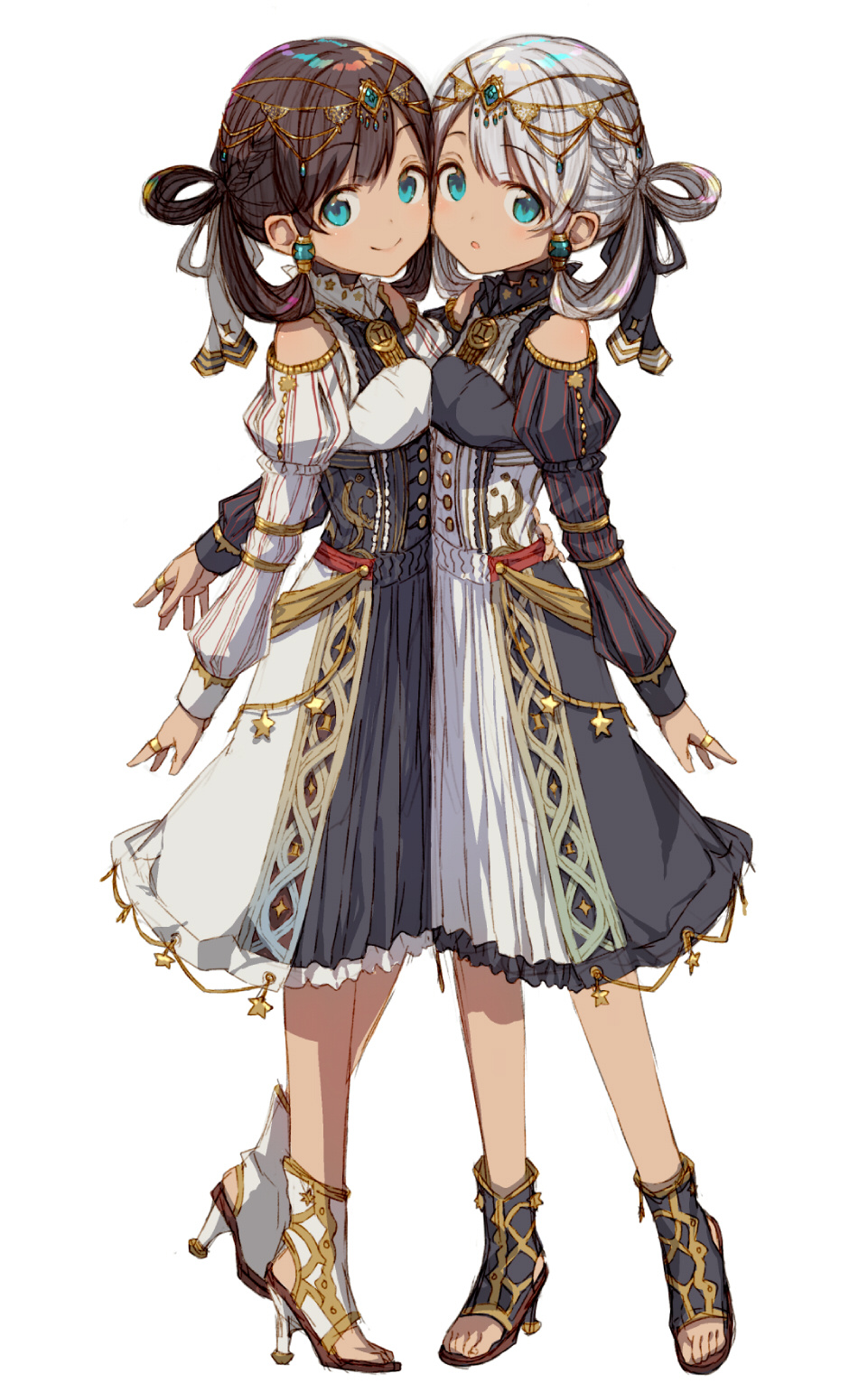2girls, arm_around_waist, black_dress, blue_eyes, breasts, brown_hair, circlet, closed_mouth, dress, earrings, hair_ribbon, high_heels, highres, jewelry, juliet_sleeves, long_sleeves, looking_at_viewer, multiple_girls, original, parted_lips, polar_opposites, puffy_sleeves, ribbon, sandals, shirabi, short_hair, shoulder_cutout, siblings, simple_background, sisters, small_breasts, smile, standing, star_(symbol), symmetry, toeless_legwear, twins, white_background, white_dress, white_hair