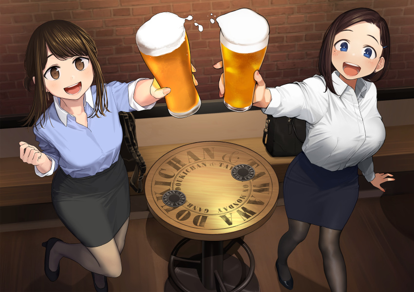 1girl, :d, alcohol, bangs, beer, blue_shirt, blue_skirt, blush