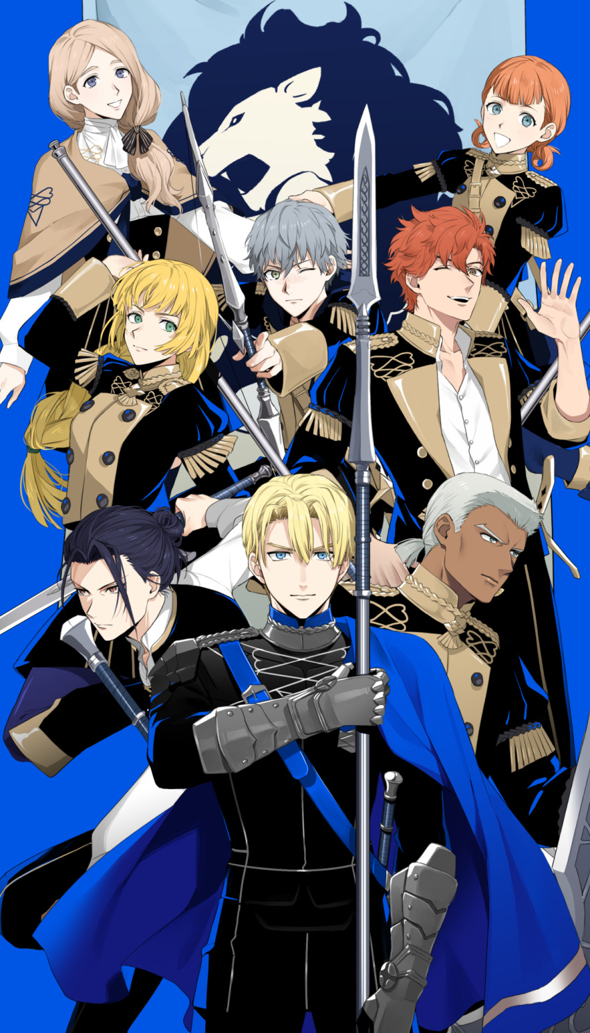 3girls, 5boys, annette_fantine_dominic, ashe_ubert, black_hair, blonde_hair, blue_background, blue_cape