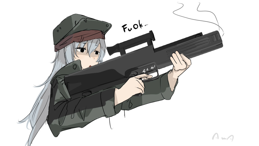1girl, assault_rifle, black_eyes, g11_(girls_frontline), girls_frontline, grey_hair, gun, h&amp;k_g11