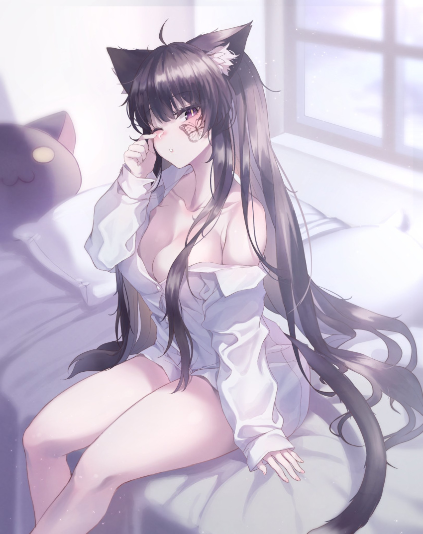 1girl, ahoge, animal_ears, bangs, bed, black_hair, blush, borrowed_character, bottomless, breasts, butterfly_tattoo, cat_ears, cat_tail, collarbone, dress_shirt, head_tilt, highres, indoors, jingo, large_breasts, long_hair, long_sleeves, looking_at_viewer, naked_shirt, no_bra, off_shoulder, original, parted_lips, shirt, sitting, solo, sul-lin-a, tail, tattoo, violet_eyes, waking_up, white_shirt