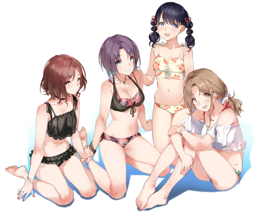 4girls, 92m, ahoge, asakura_tooru, barefoot, bikini, black_bikini, black_hair