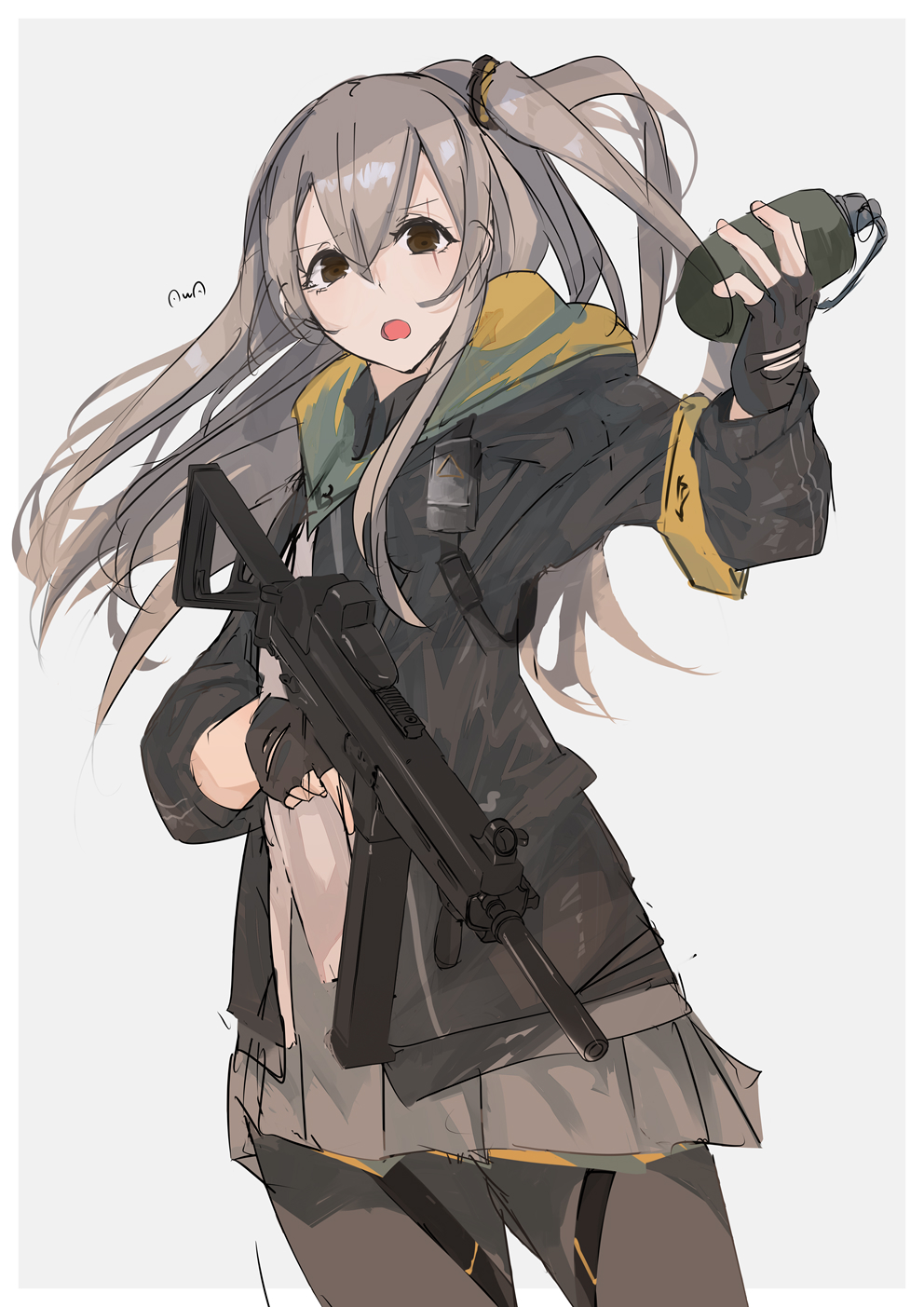1girl, black_gloves, black_jacket, black_legwear, brown_eyes, explosive, eyebrows_visible_through_hair, fingerless_gloves