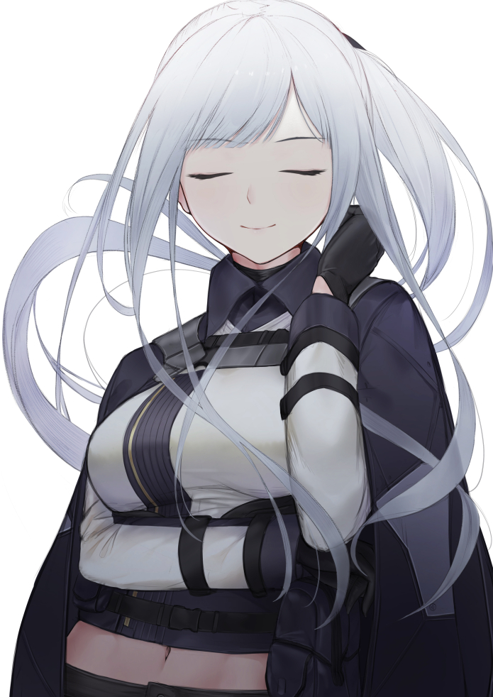 1girl, ak-12_(girls_frontline), arm_under_breasts, arm_up, bangs, black_gloves, breasts, closed_eyes