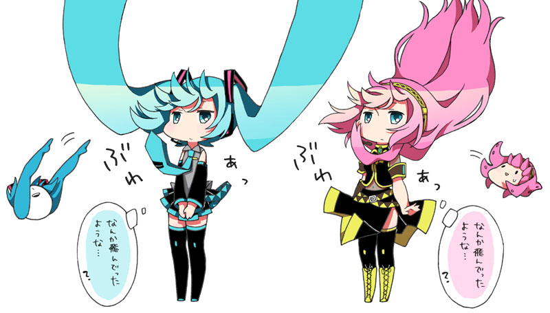 2girls, aqua_eyes, aqua_hair, aqua_neckwear, armband, asaiasa0, bare_shoulders, black_legwear