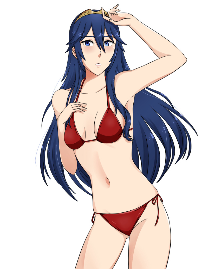 1girl, armpit, bikini, blue_eyes, blue_hair, blush, breasts, cowboy_shot, cute, fire_emblem, fire_emblem_awakening, fire_emblem_heroes, intelligent_systems, long_hair, looking_at_viewer, lucina_(fire_emblem), navel, nintendo, parted_lips, red_bikini, simple_background, solo, strawberrykiwikat, summer_scramble, super_smash_bros., swimsuit, tiara