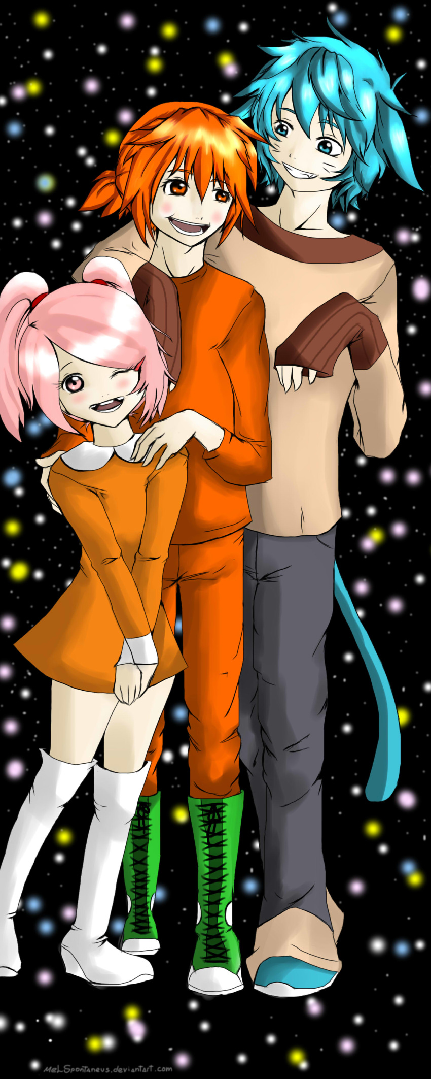 1girl, 2boys, anais_watterson, animal_ears, artist_name, blue_eyes, blue_hair, blush