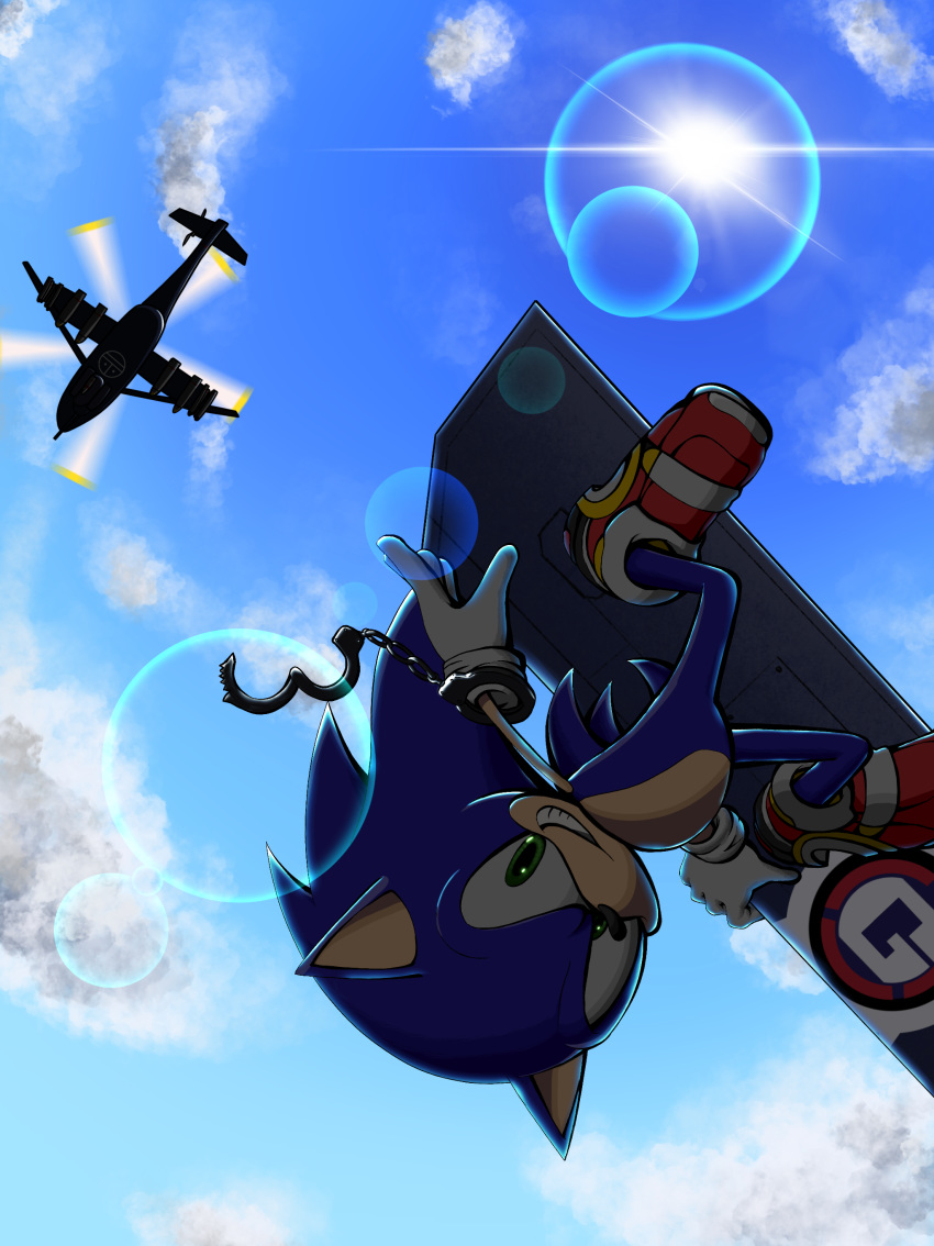 1boy, absurdres, aircraft, animal_ears, backlighting, banel_springer, blue_sky, clouds