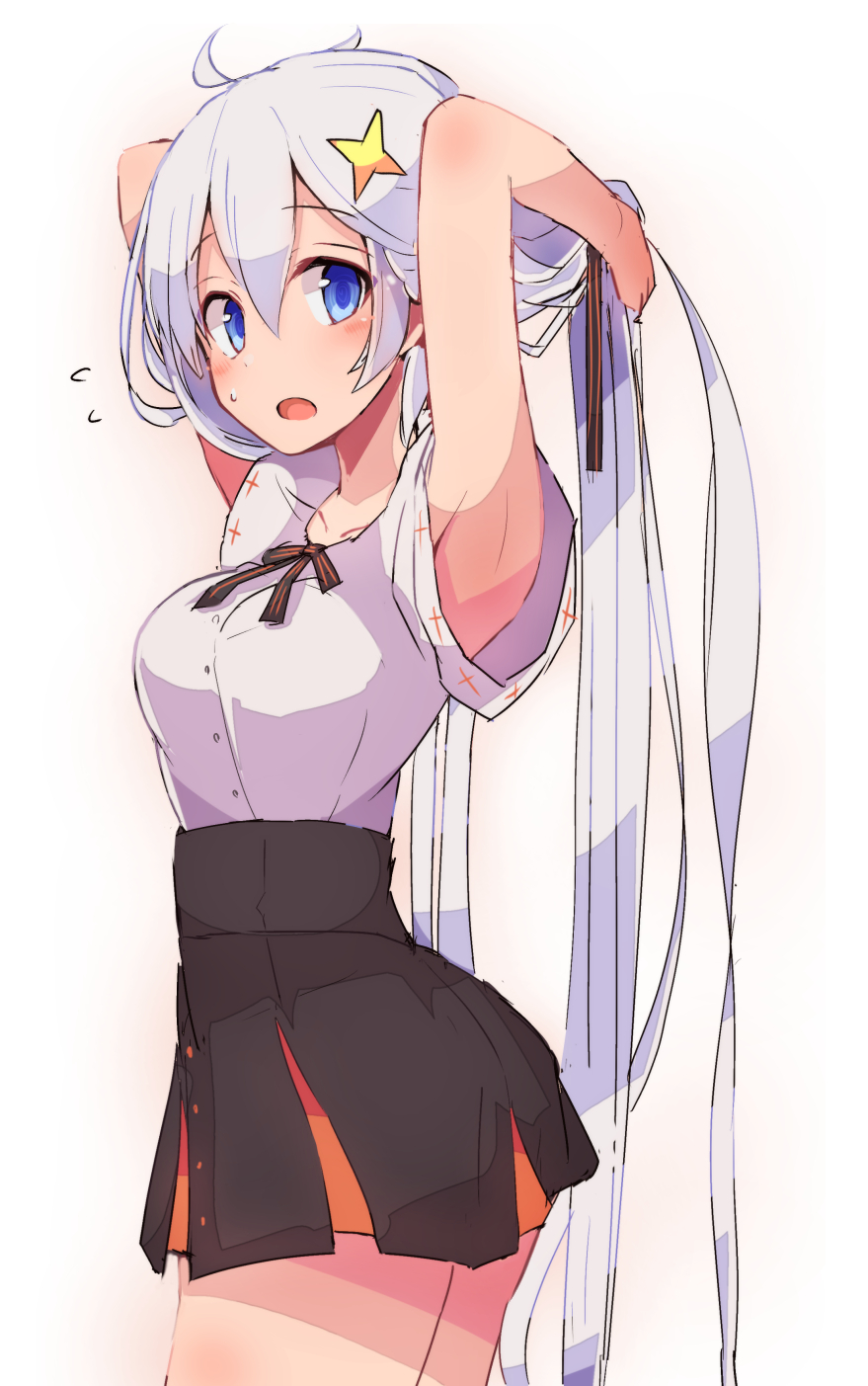 1girl, armpits, black_skirt, blue_eyes, breasts, commentary, cowboy_shot, flying_sweatdrops, from_side, hair_ornament, hair_tie, hands_up, highres, kizuna_akari, kujira_hebi, looking_at_viewer, looking_to_the_side, medium_breasts, miniskirt, neck_ribbon, open_mouth, ponytail, ribbon, shirt, short_sleeves, skirt, star_(symbol), star_hair_ornament, striped, striped_ribbon, sweatdrop, tying_hair, voiceroid, white_hair, white_shirt