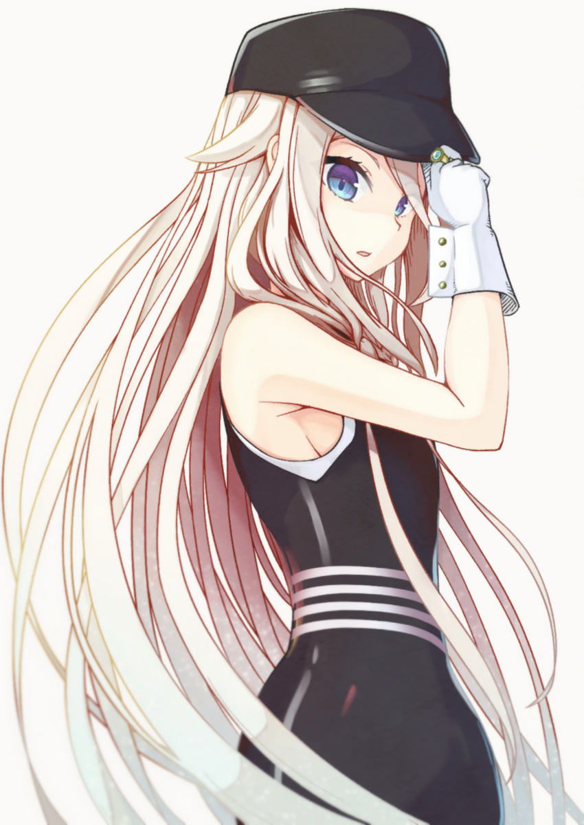 1girl, absurdres, adjusting_clothes, adjusting_hat, bare_shoulders, black_dress, black_headwear, blue_eyes