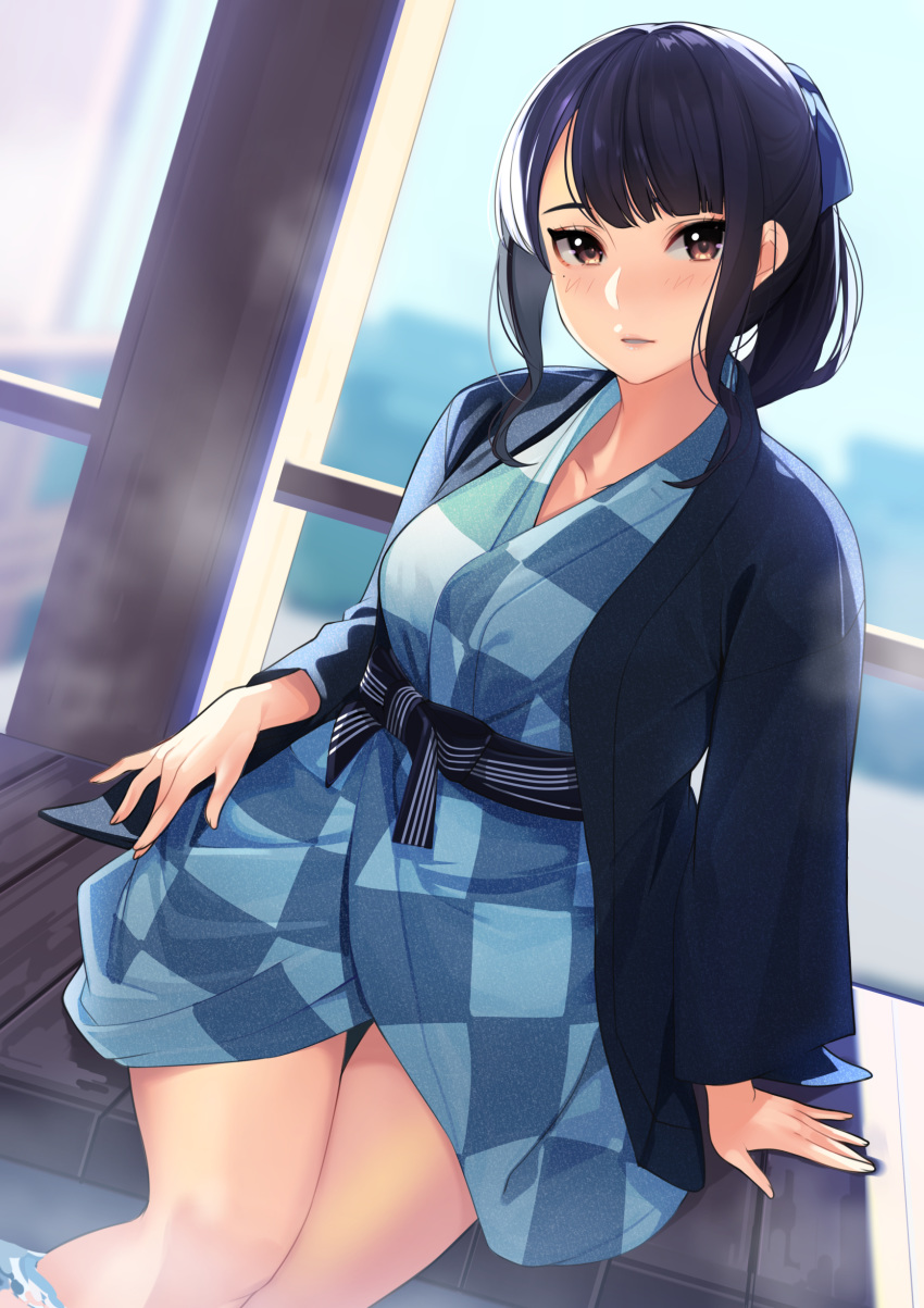 1girl, absurdres, arm_support, brown_eyes, happi, highres, japanese_clothes, kagematsuri, looking_at_viewer, mole_on_cheek, original, parted_lips, purple_hair, robe, short_ponytail, sidelocks, sitting, slats, solo, tsurime