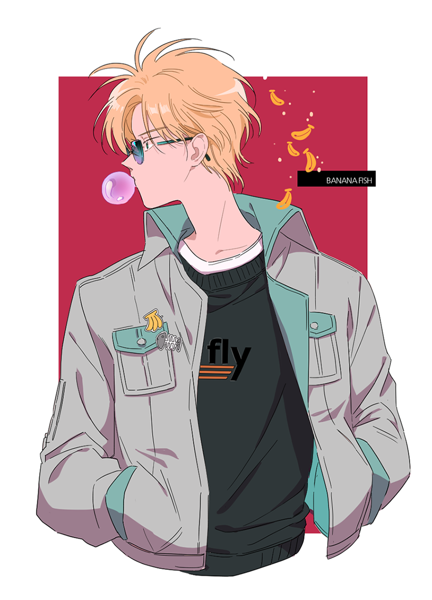 1boy, banana, banana_fish, black_shirt, blonde_hair, bubble_blowing, chewing_gum, food