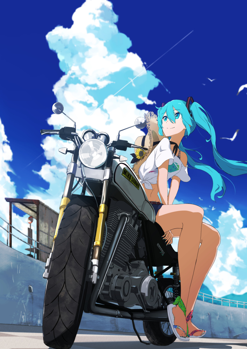 1girl, absurdres, aqua_eyes, aqua_hair, bird, blue_sky, clouds, condensation_trail, flower, from_below, ground_vehicle, hat, hat_flower, hatsune_miku, headlight, highres, long_hair, looking_away, looking_up, midriff, motor_vehicle, motorcycle, mountain, navel, pre_sktch, road_sign, sandals, seagull, shirt, short_shorts, shorts, sign, sitting, sky, smile, solo, straw_hat, sunflower, t-shirt, tire, train_station, twintails, vocaloid, white_shirt