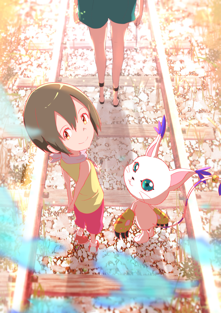 2girls, absurdres, aqua_eyes, arms_behind_back, blue_butterfly, brown_eyes, brown_hair, cat