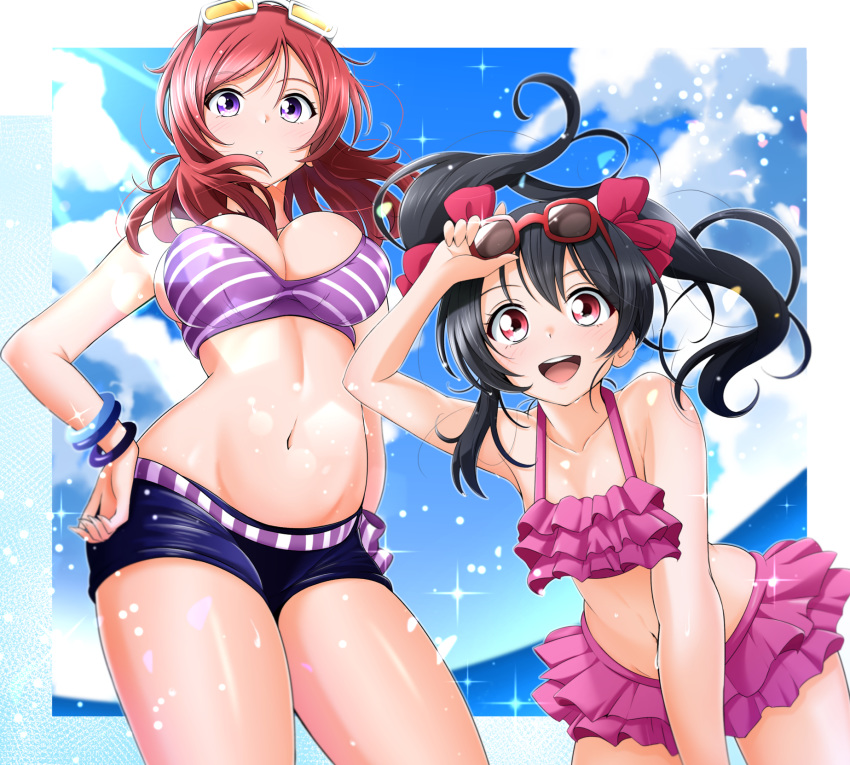 2girls, :d, :o, adjusting_eyewear, bikini, black_hair, bow, bracelet