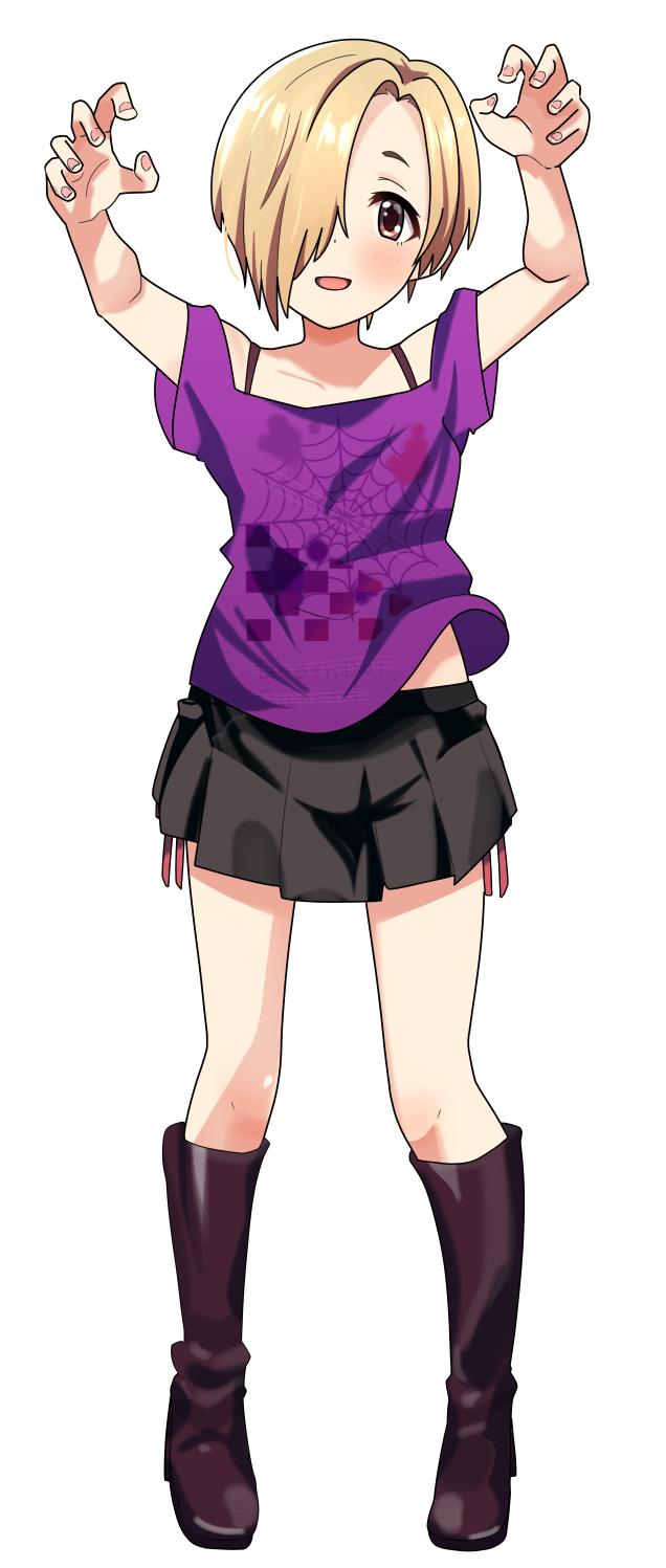 1girl, :d, black_skirt, blonde_hair, blush, boots, bra_strap, brown_eyes