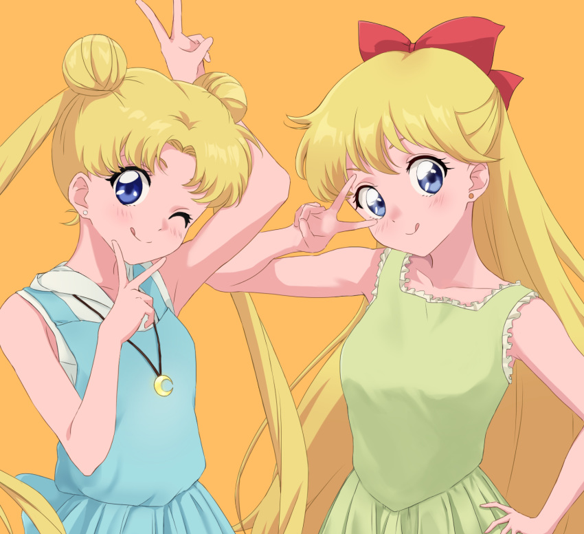 2girls, :q, ;q, aino_minako, bishoujo_senshi_sailor_moon, blonde_hair, blue_dress, blue_eyes