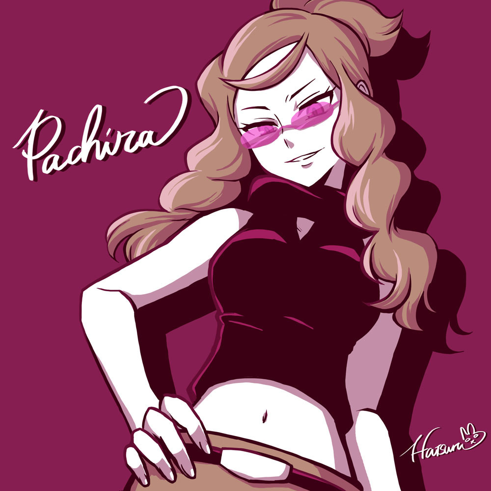 1girl, black_shirt, breasts, brown_hair, character_name, grin, hand_on_hip, hatsuru_826, long_hair, medium_breasts, midriff, navel, pachira_(pokemon), pokemon, pokemon_(game), pokemon_xy, purple-tinted_eyewear, purple_background, rimless_eyewear, shadow, shiny, shiny_hair, shirt, signature, simple_background, sleeveless, sleeveless_shirt, smile, solo, standing, stomach, sunglasses, twintails, upper_body