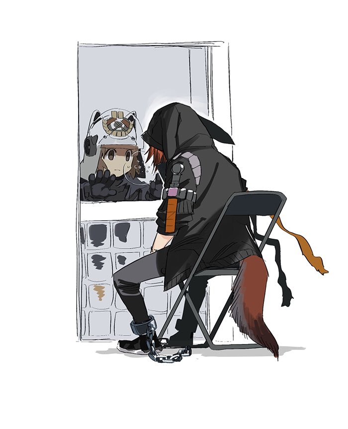 2girls, against_glass, animal_ears, animal_ears_helmet, arknights, black_gloves, brown_hair, chain