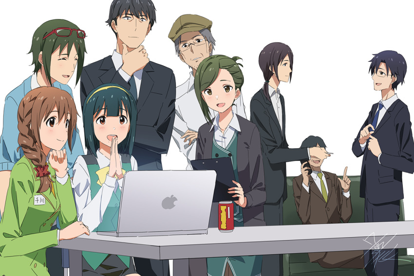 3girls, 6+boys, black_hair, black_jacket, black_skirt, blue_cardigan, blush, braid