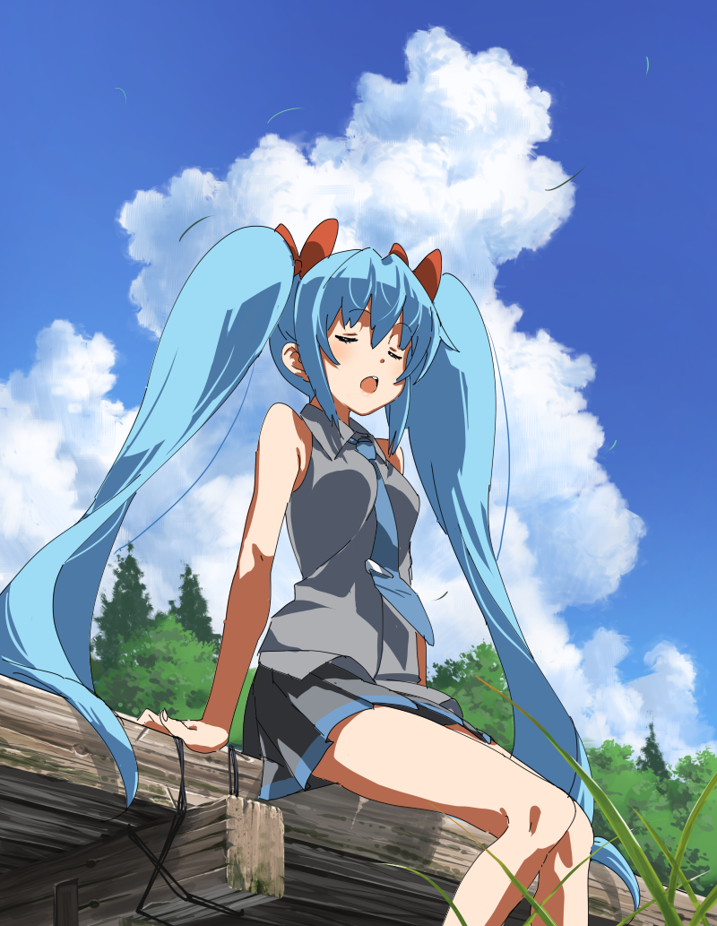 1girl, aqua_eyes, aqua_hair, aqua_neckwear, bare_shoulders, black_skirt, blade_of_grass, blue_sky