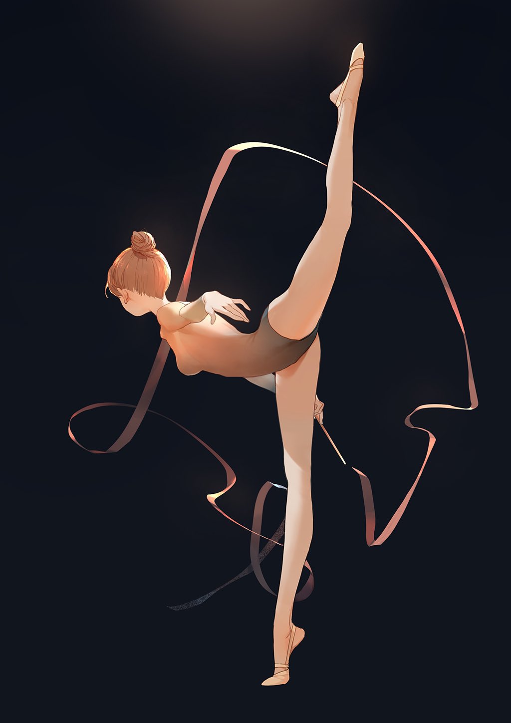 1girl, ballet_slippers, blonde_hair, commentary, gymnast_leotard, gymnastics, gymnastics_ribbon, hair_bun
