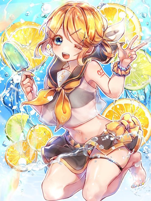 1girl, bangs, barefoot, blonde_hair, bow, commentary, crop_top, food