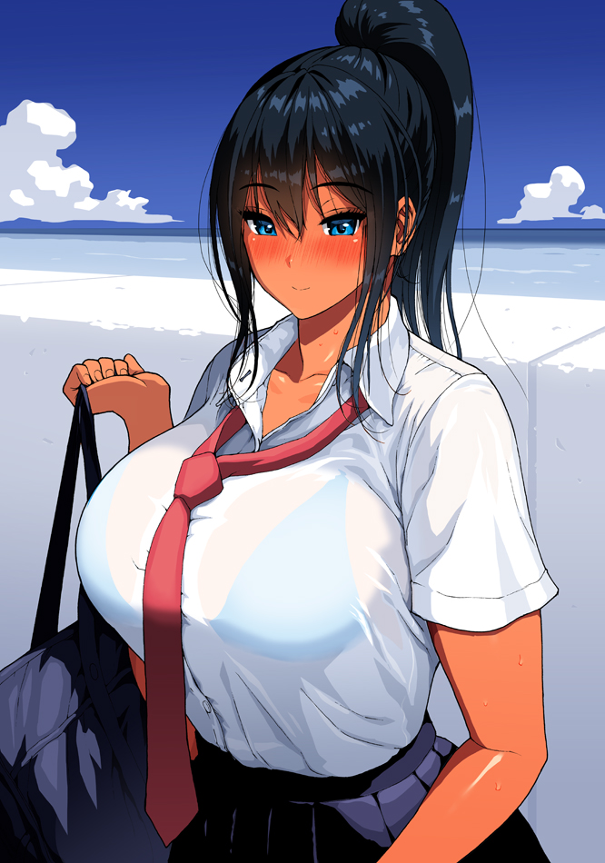 1girl, bag, bangs, bikini, black_hair, blue_bikini, blue_eyes, blue_skirt