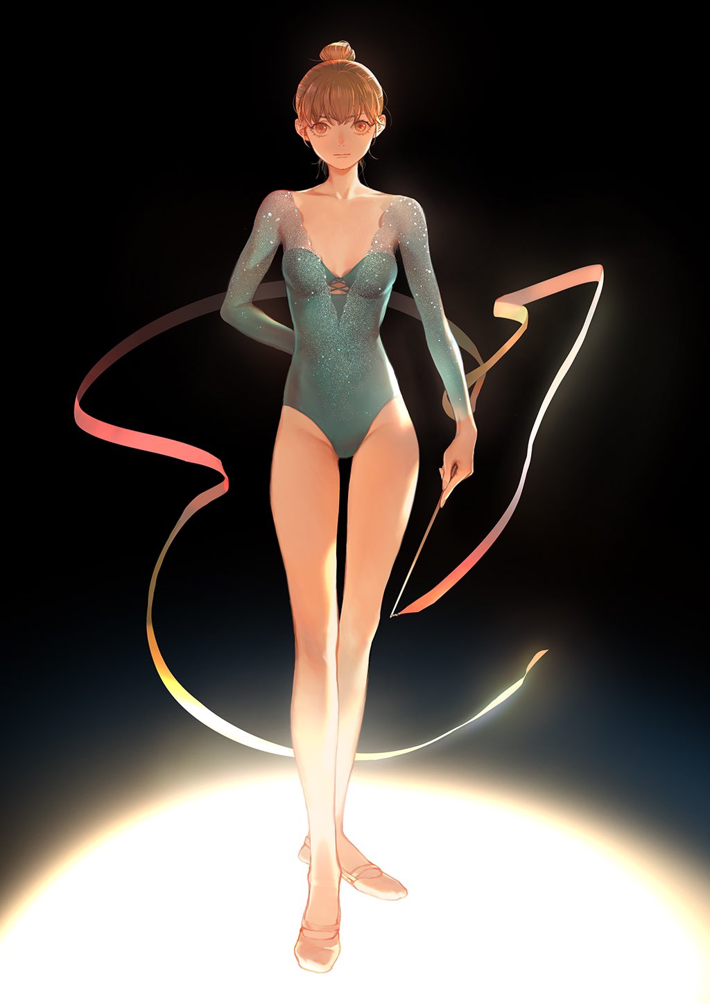 1girl, ballet_slippers, brown_eyes, brown_hair, collarbone, commentary, eyelashes, gymnast_leotard