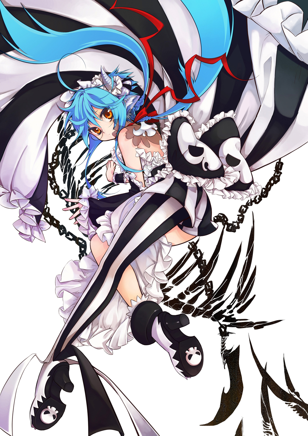 adalove, animal_ears, bare_shoulders, blue_hair, chain, highres, horns, long_hair