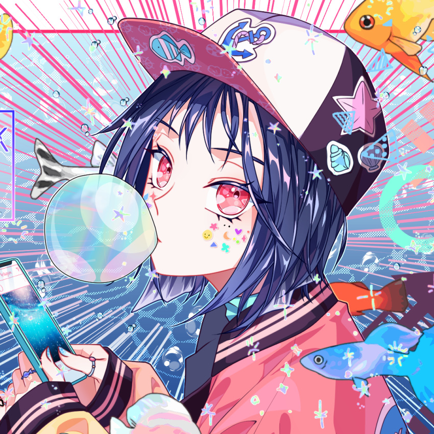 1girl, anchor_print, animal_print, baseball_cap, blue_hair, bubble_blowing, cellphone, chewing_gum, fish, fish_print, hat, holding, holding_phone, jacket, looking_at_viewer, original, phone, pink_eyes, road, seashell_print, shipsaam, short_hair, smartphone, starfish_print, street, water