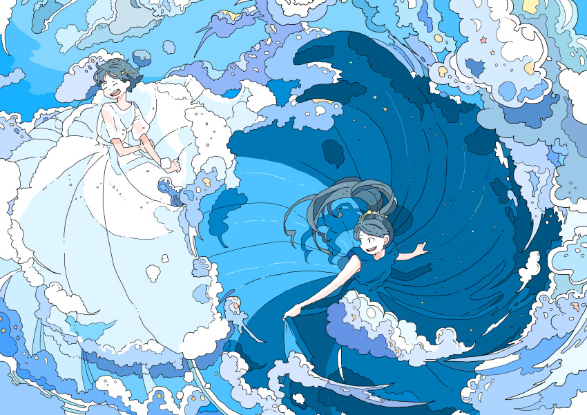 2girls, :d, absurdres, black_hair, blue_dress, blue_theme, closed_eyes, clouds