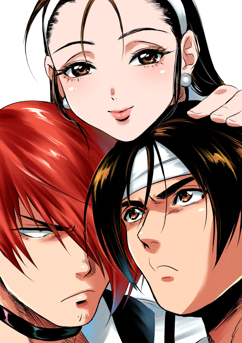 1girl, 2boys, absurdres, beniazumaru, bow, brown_hair, choker, earrings