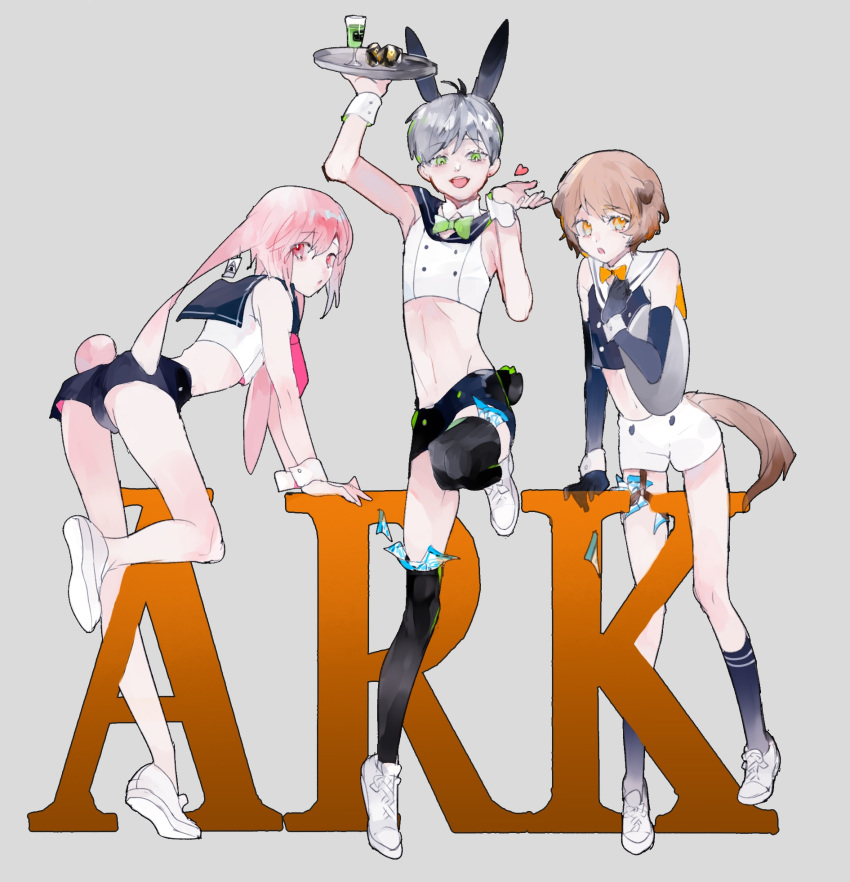 3boys, animal_ears, ansel_(arknights), arknights, brown_eyes, brown_hair, bunny_tail, bunnysuit, dog_boy, dog_ears, dog_tail, full_body, green_eyes, greyy_(arknights), highres, looking_at_viewer, male_focus, mephisto_(arknights), midriff, moge_(moeuuuuu), multiple_boys, pink_hair, rabbit_ears, sailor_collar, short_shorts, shorts, silver_hair, tail, tray