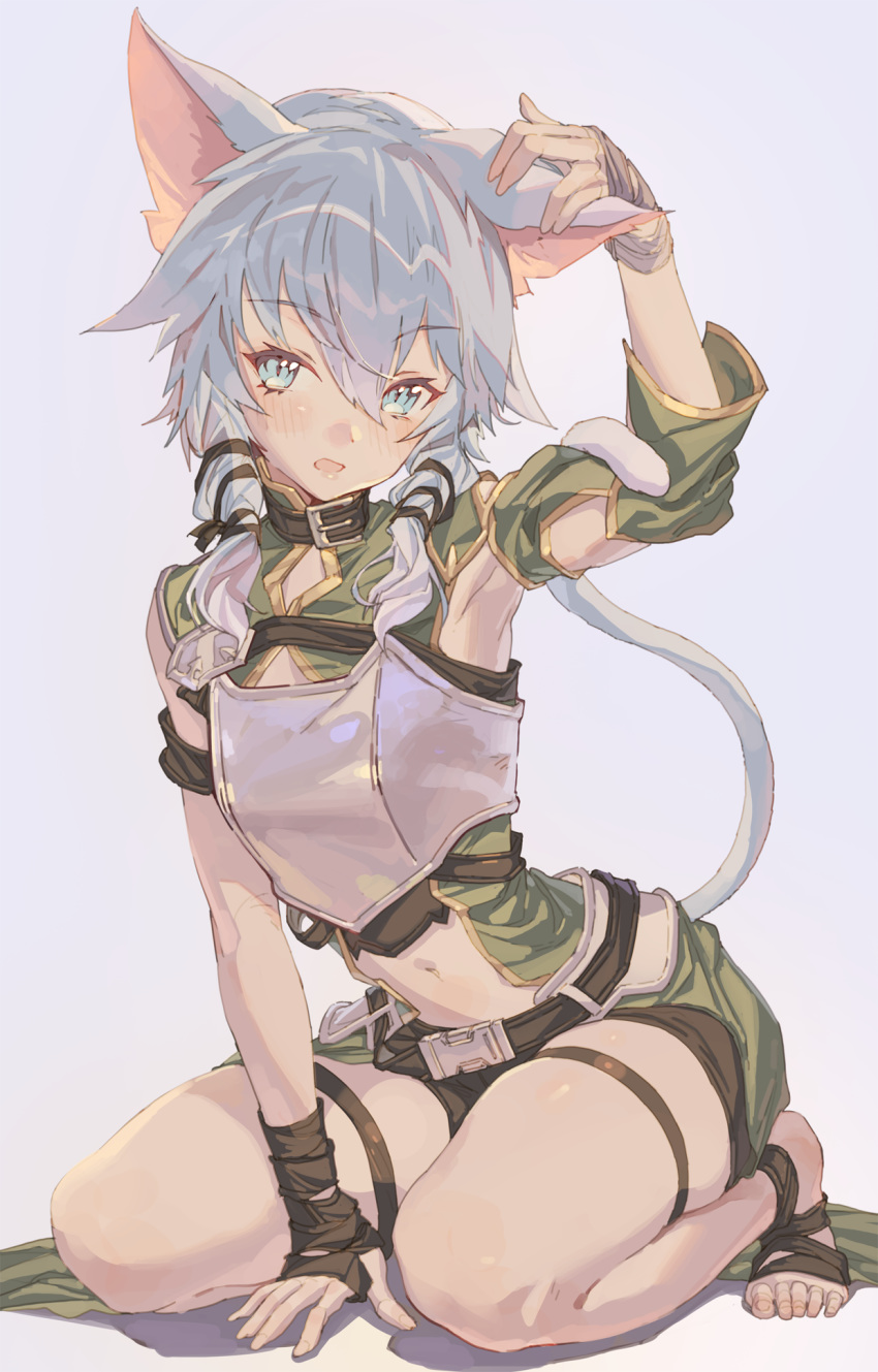 1girl, animal_ears, armor, armpits, belt, belt_buckle, blue_eyes, blue_hair