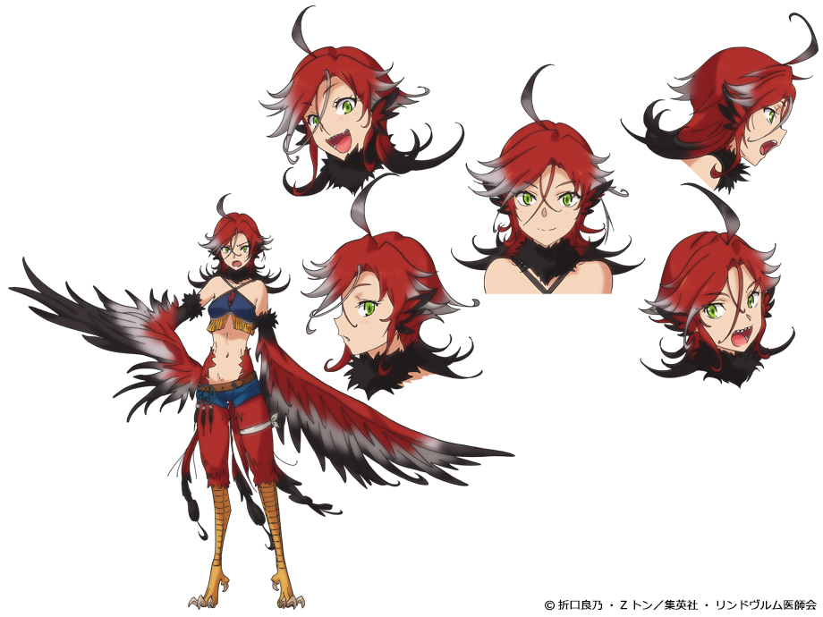 1girl, :d, ahoge, bird_legs, blush, breasts, closed_mouth, expression_chart