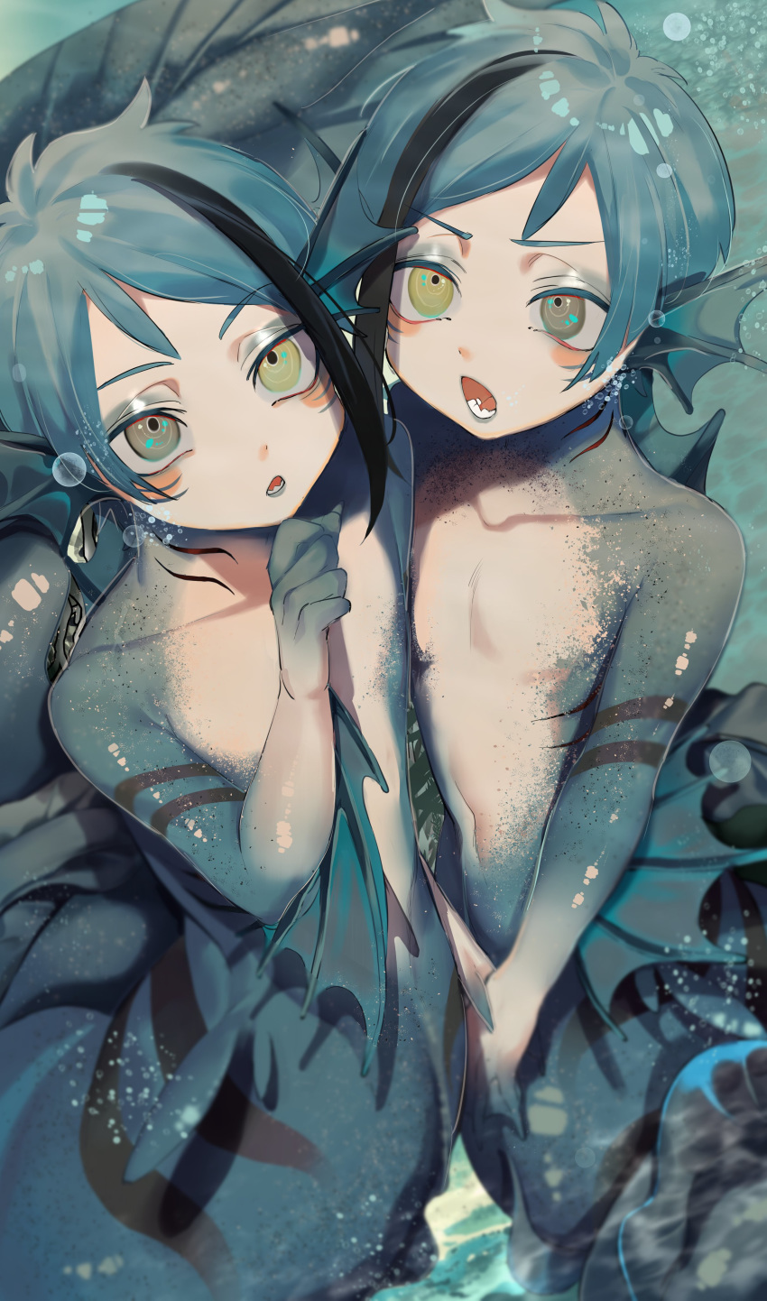 absurdres, animal_ears, black_hair, brothers, eel, eel_boy, fins, fish