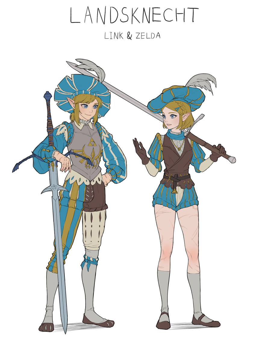 1boy, 1girl, absurdres, adapted_weapon, armor, asymmetrical_clothes, blonde_hair, blue_eyes, braid, breastplate, brown_gloves, character_name, codpiece, crown_braid, flats, gloves, highres, holding, holding_sword, holding_weapon, huge_weapon, jason_kim, kneehighs, landsknecht, link, long_sleeves, master_sword, medieval, over_shoulder, planted_sword, planted_weapon, pointy_ears, princess_zelda, puff_and_slash_sleeves, puffy_sleeves, scar, short_hair, sword, sword_over_shoulder, the_legend_of_zelda, the_legend_of_zelda:_breath_of_the_wild, the_legend_of_zelda:_breath_of_the_wild_2, triforce, weapon, weapon_over_shoulder