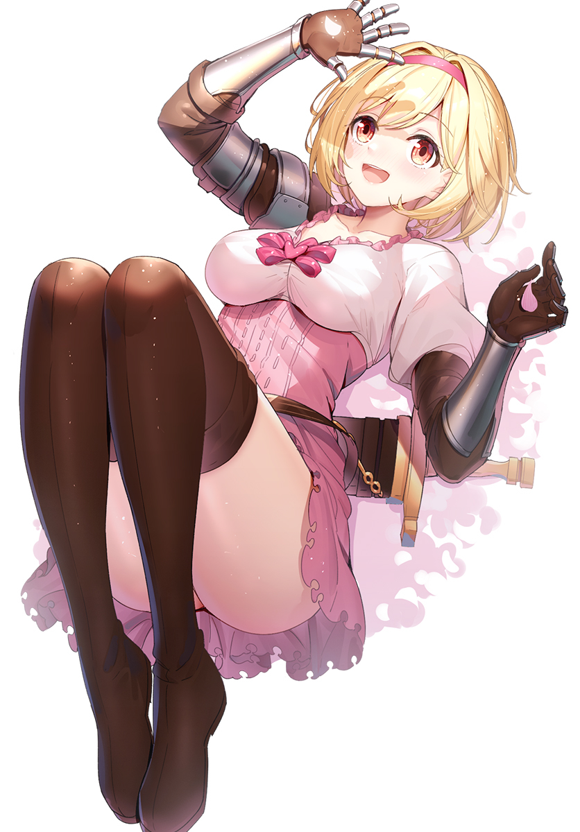 1girl, :d, arm_up, ass, bangs, blonde_hair, blush, boots