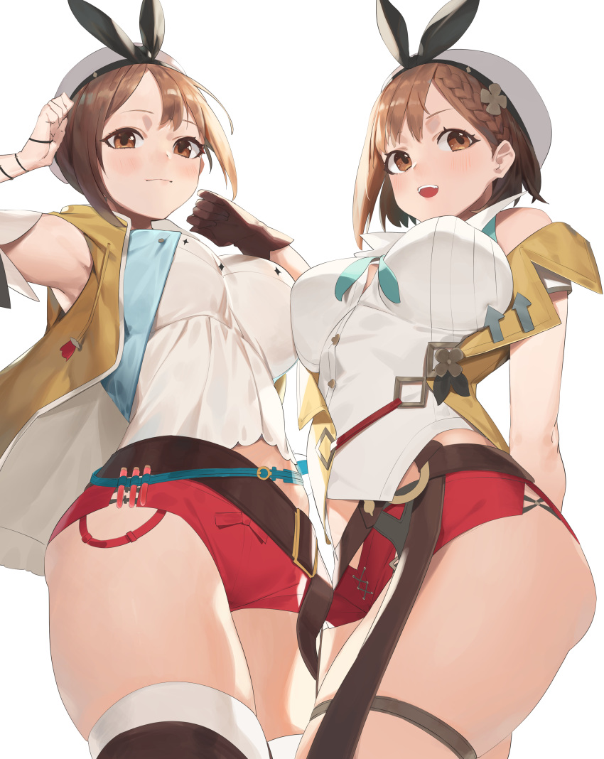 2girls, absurdres, armpits, arms_behind_back, arms_up, atelier_(series), atelier_ryza, atelier_ryza_2
