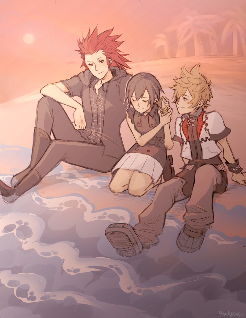 1girl, 2boys, axel_(kingdom_hearts), beach, black_hair, blackpaopu, blonde_hair, boots