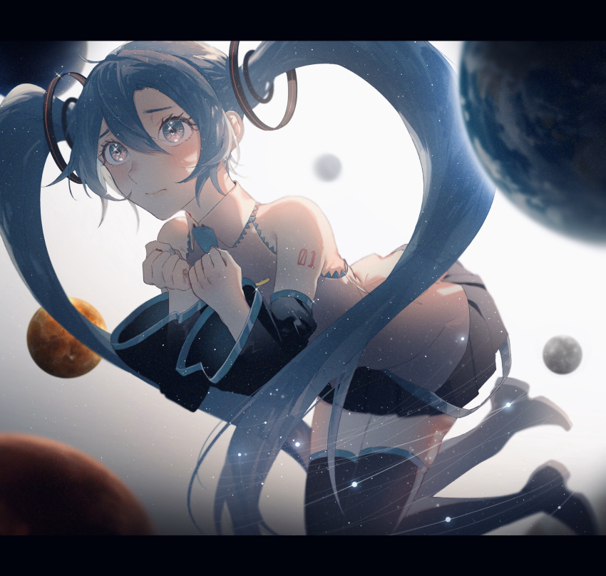 1girl, backlighting, black_legwear, black_skirt, blue_eyes, blue_hair, blue_nails, blue_neckwear