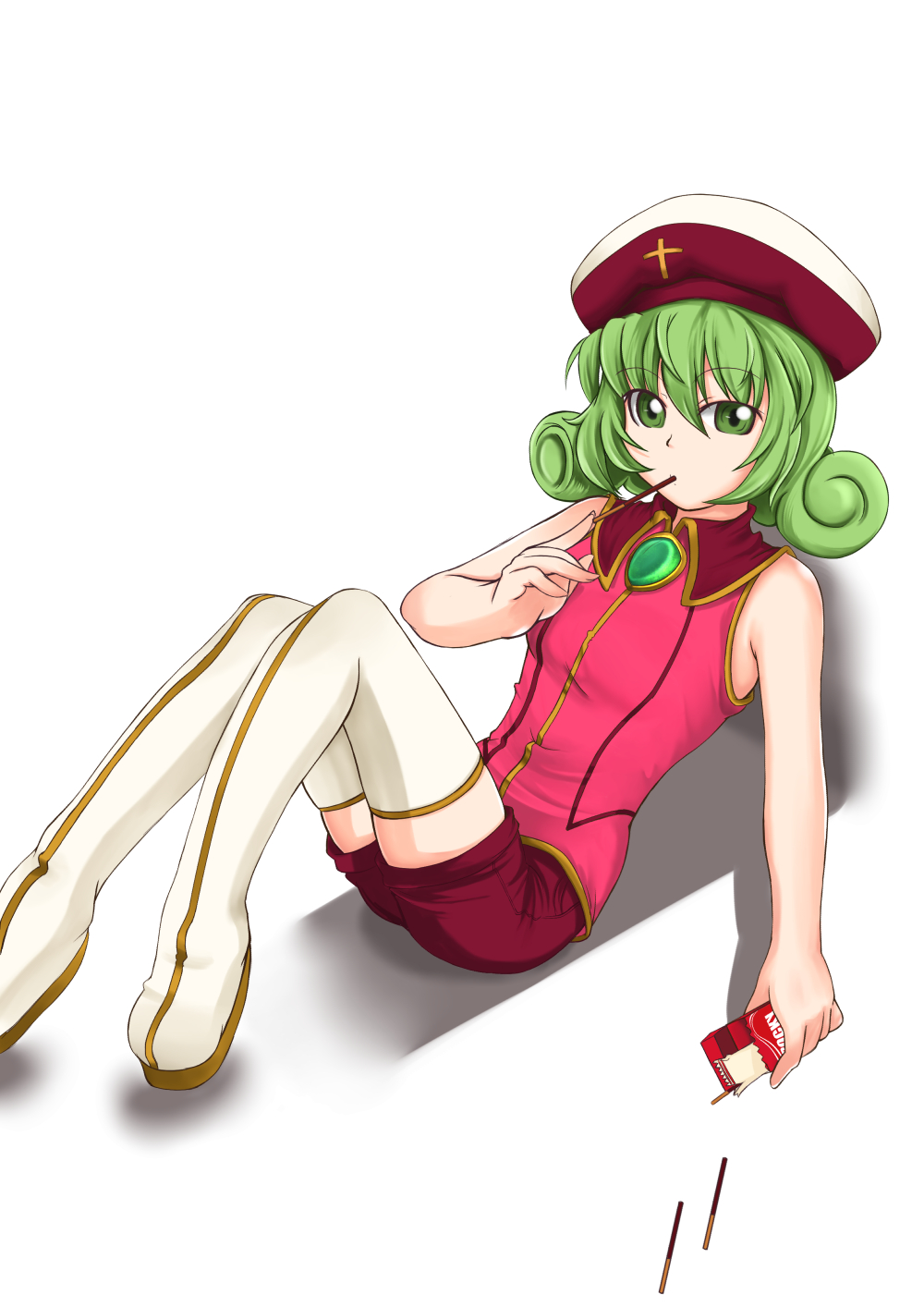 1girl, boots, emerada_etuva, graphite_(medium), green_eyes, green_hair, hataraku_maou-sama!, highres, inagaki_kazuki, short_hair, thigh-highs, thigh_boots, traditional_media
