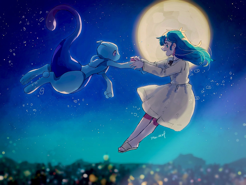 1girl, ai_(pokemon), aqua_hair, artist_name, blue_eyes, blurry, dress, eye_contact, flying, gen_1_pokemon, highres, legendary_pokemon, long_hair, long_sleeves, looking_at_another, mewtwo, moon, mu_acrt, night, open_mouth, outdoors, pokemon, pokemon_(anime), pokemon_(classic_anime), pokemon_(creature), pokemon_m01, sandals, sky, smile, toes, yellow_dress, yellow_footwear