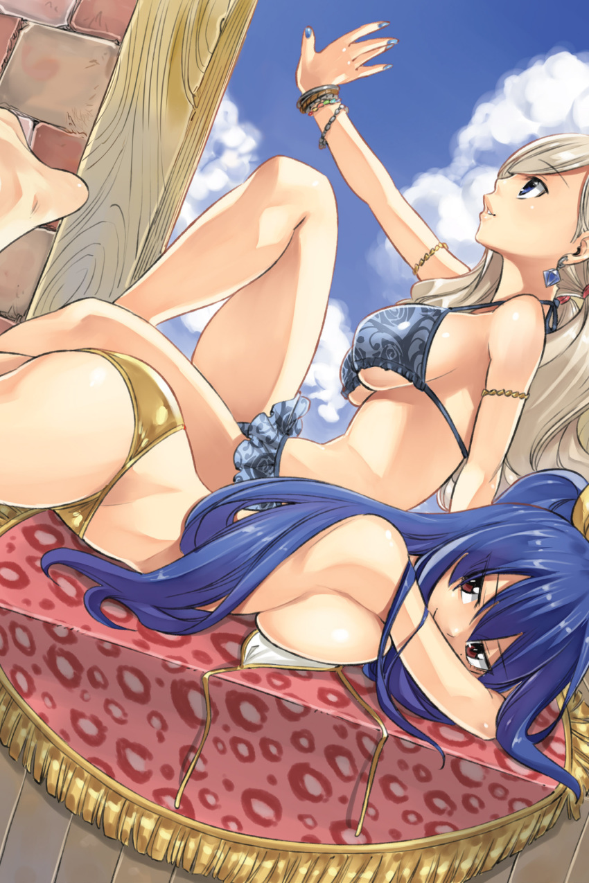 2girls, absurdres, arm_up, armlet, bangs, barefoot, bikini, bikini_skirt