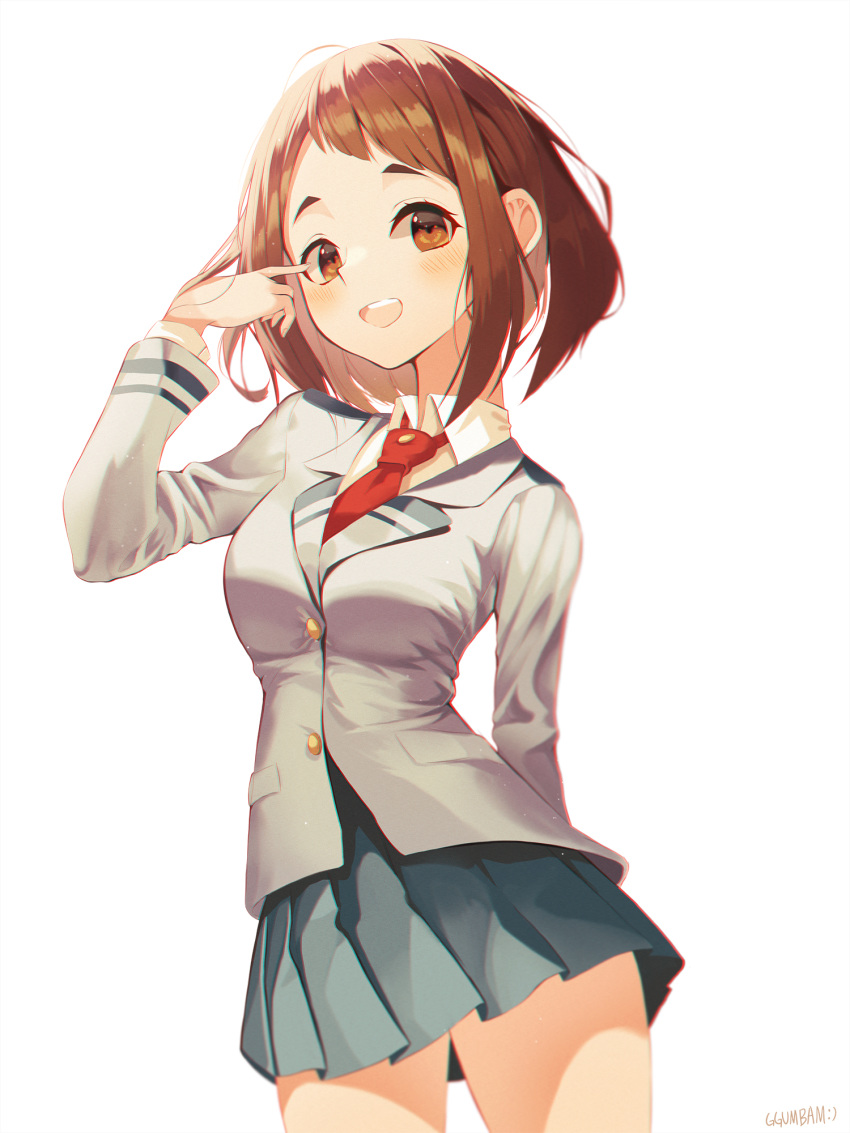 1girl, :d, arm_behind_back, artist_name, blazer, blush, boku_no_hero_academia, brown_eyes