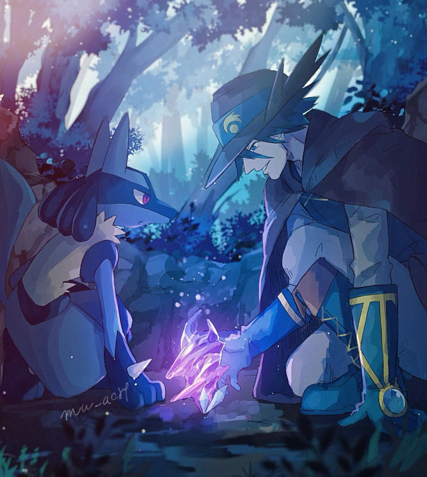 1boy, arlon_(pokemon), artist_name, bangs, black_cape, black_hair, black_headwear, blue_eyes