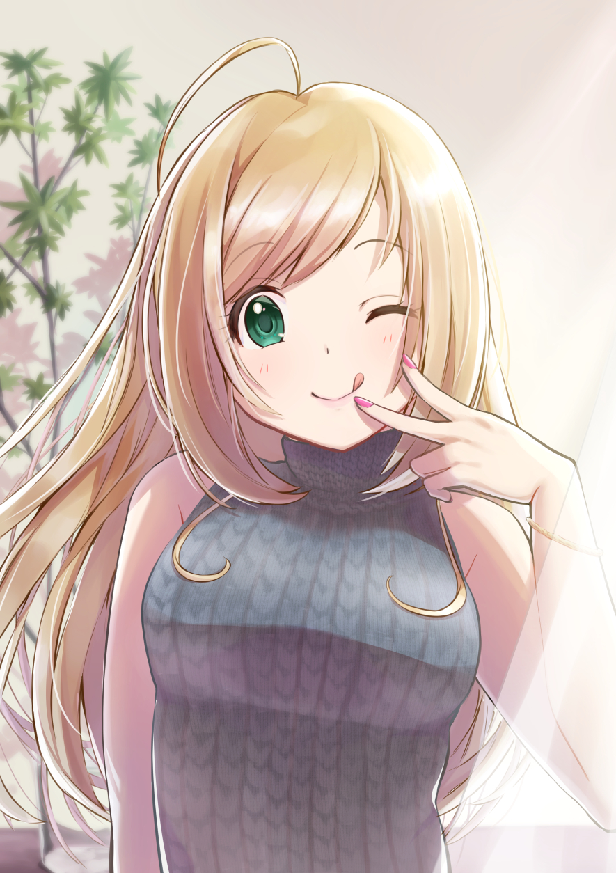 1girl, ;p, ahoge, bangs, bare_shoulders, blurry, blurry_background, blush