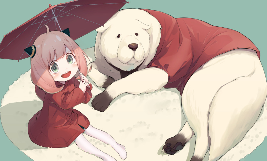 1girl, :d, ania_(spy_x_family), aqua_background, blush, bond_(spy_x_family), carpet, child
